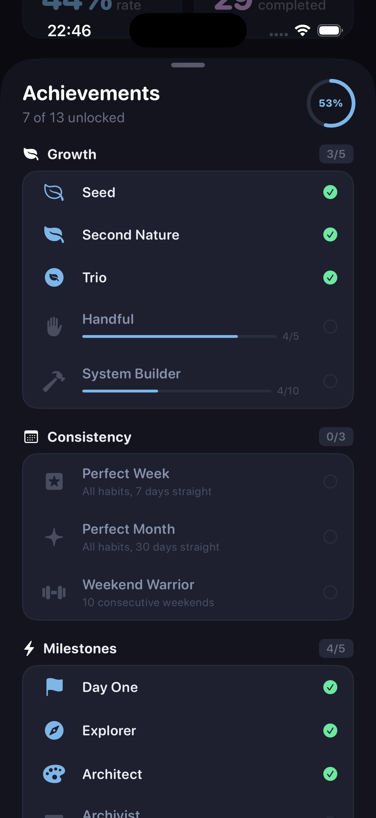 Huybit achievements screen showing unlocked milestones for consistent habit tracking