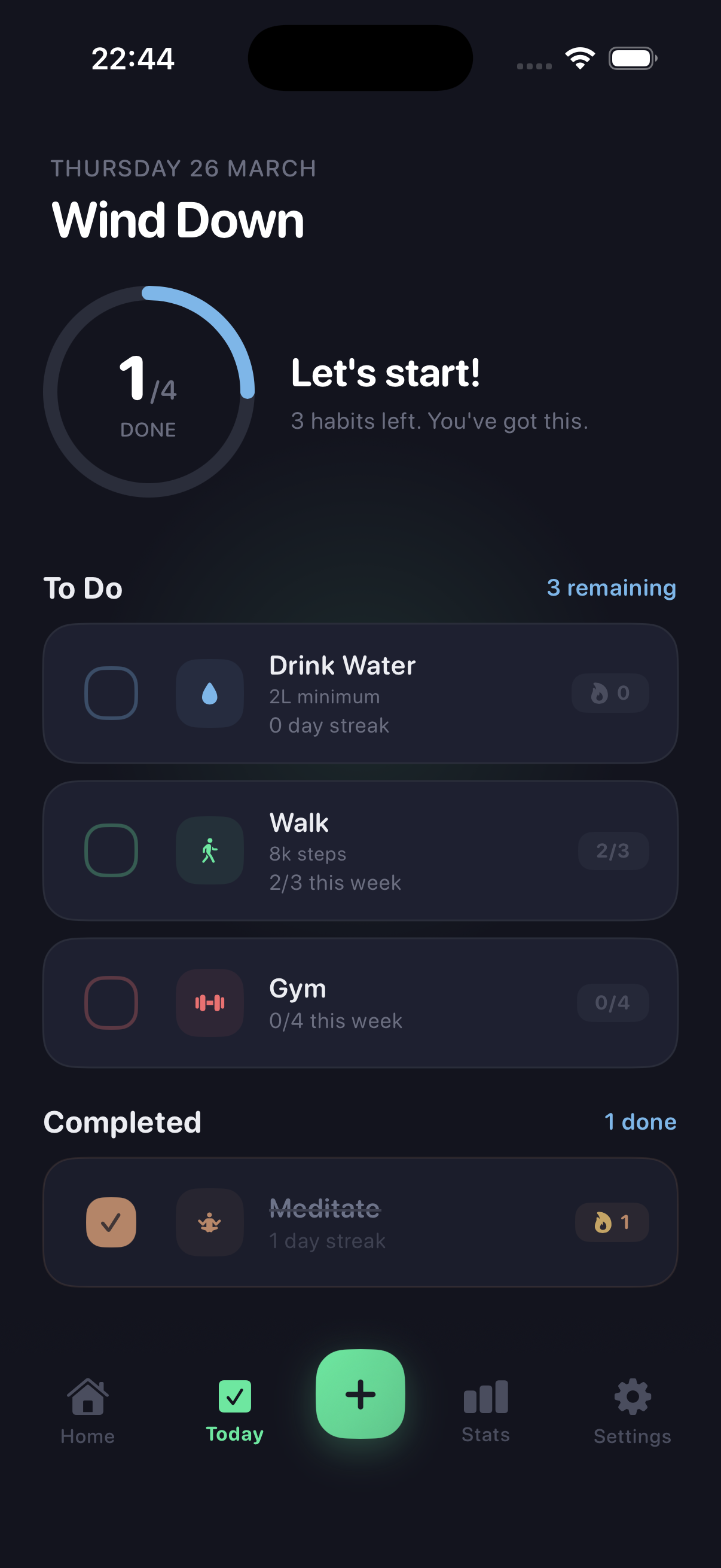 Huybit daily checklist view showing habits to complete today with simple tap interaction