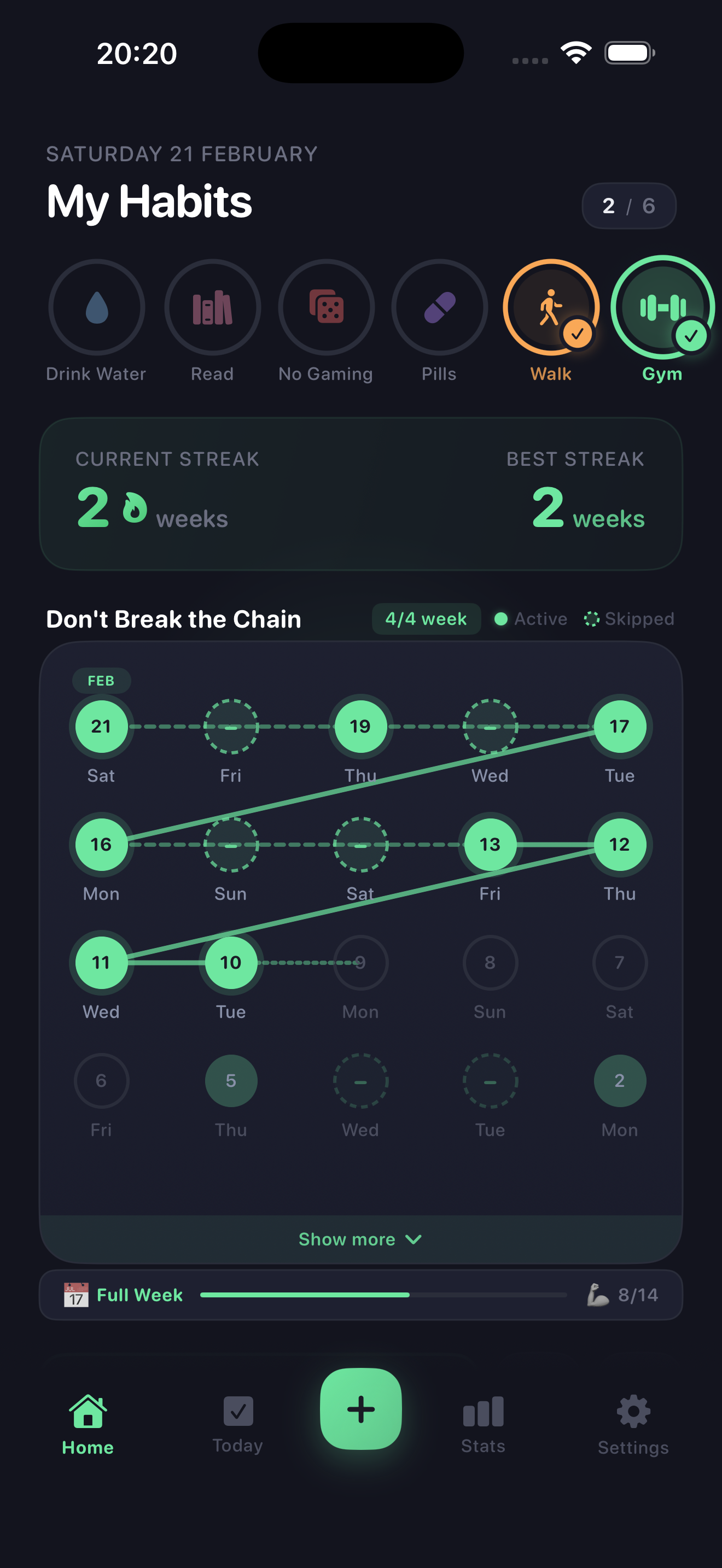 Huybit habit tracker home screen showing habit chains and streaks